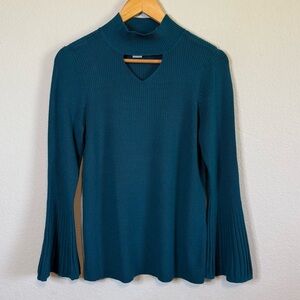 Chicos Teal Blue Green Mock Neck Cutout Detail Long Bell Sleeve Ribbed Blouse MD